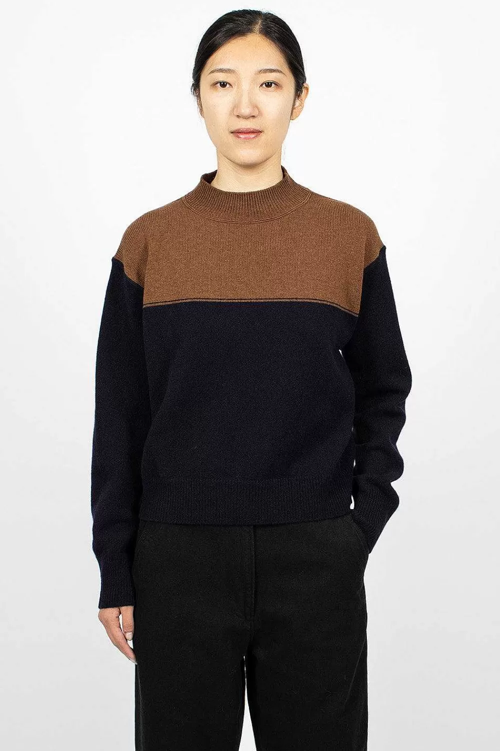 Margaret Howell Colourblock Jumper Tobacco/Navy | Knitwear