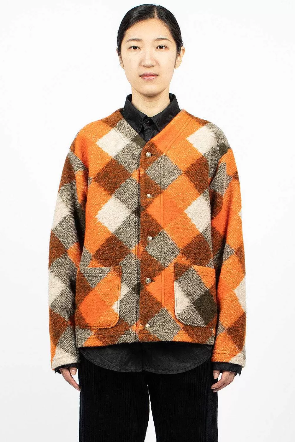 Engineered Garments FWK Diamond Knit Cardigan Orange/Olive | Knitwear