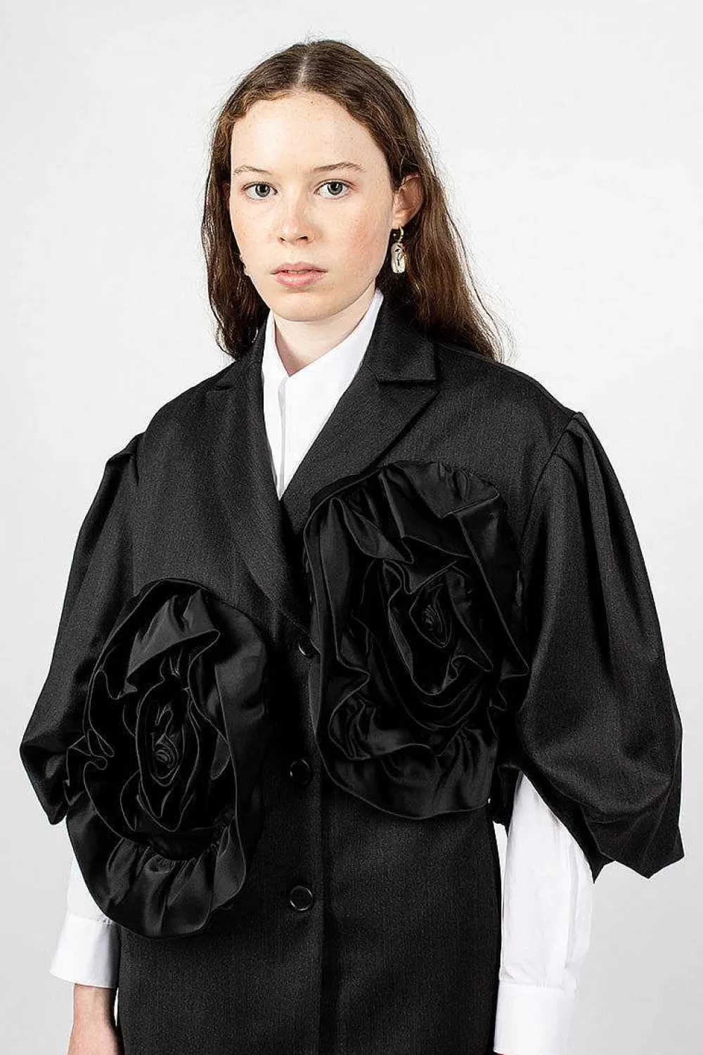 Simone Rocha Exaggerated Satin Rose Blazer Charcoal/Black | Outerwear