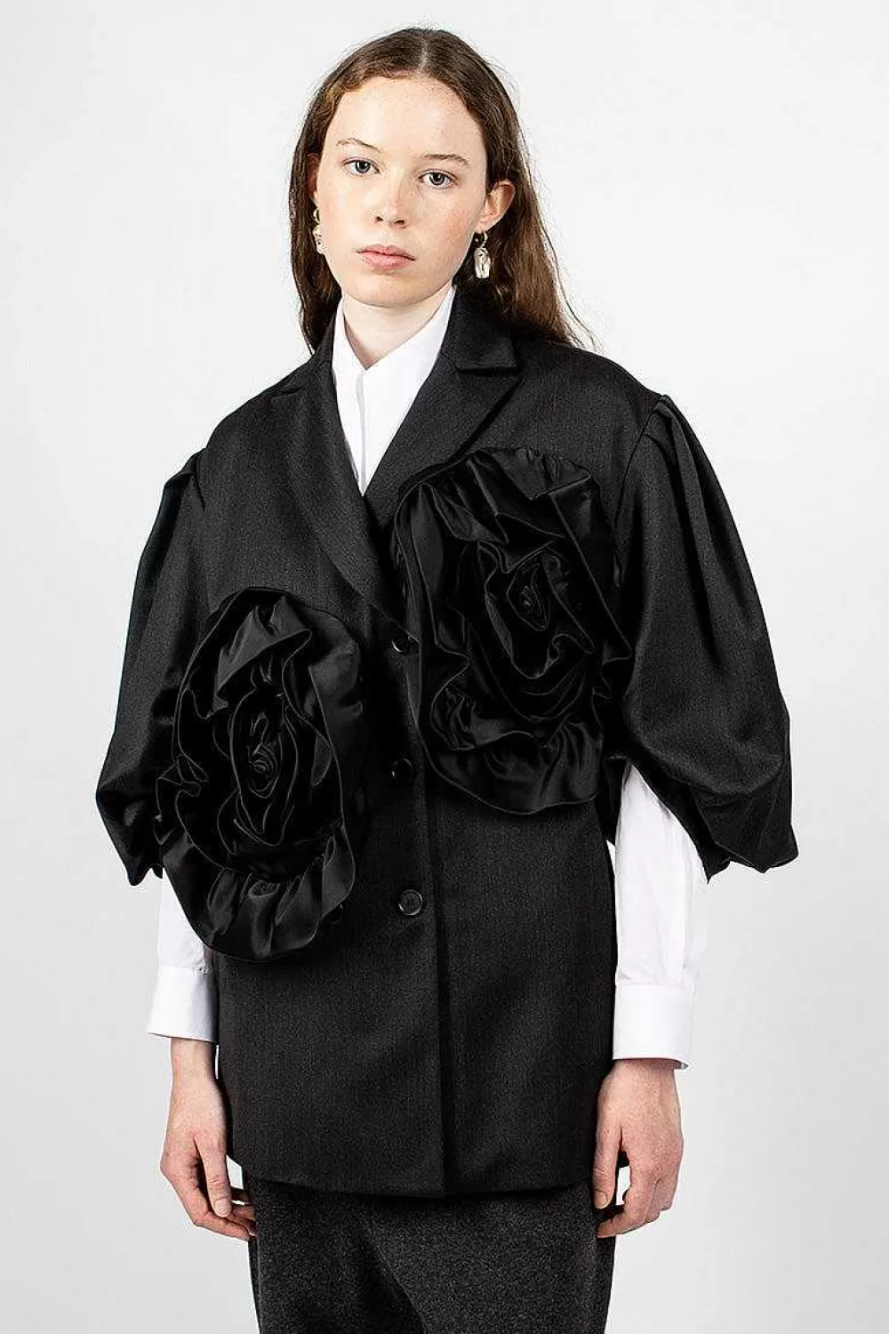 Simone Rocha Exaggerated Satin Rose Blazer Charcoal/Black | Outerwear