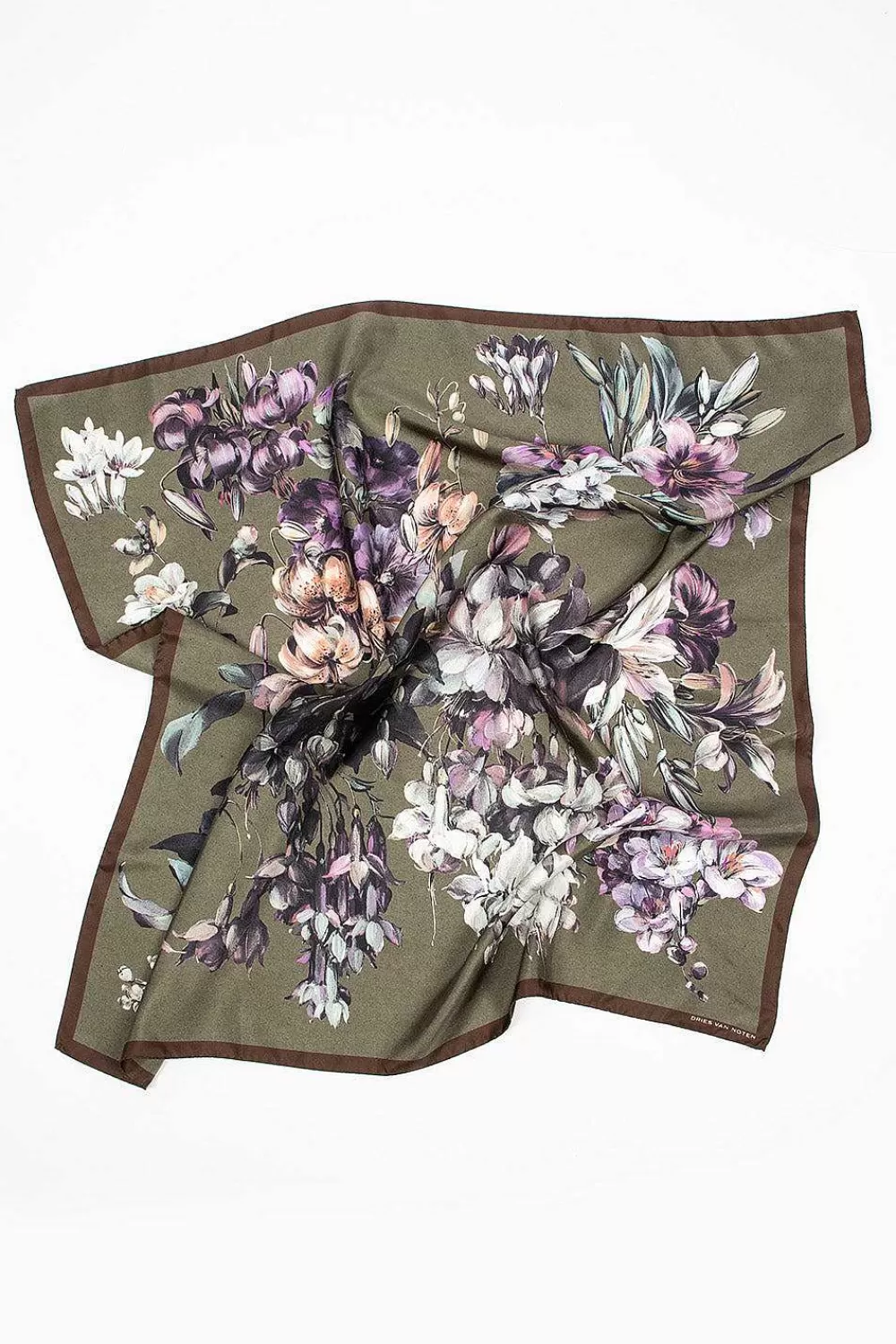 Dries Van Noten Silk Scarf Khaki Floral | Scarves & Gloves